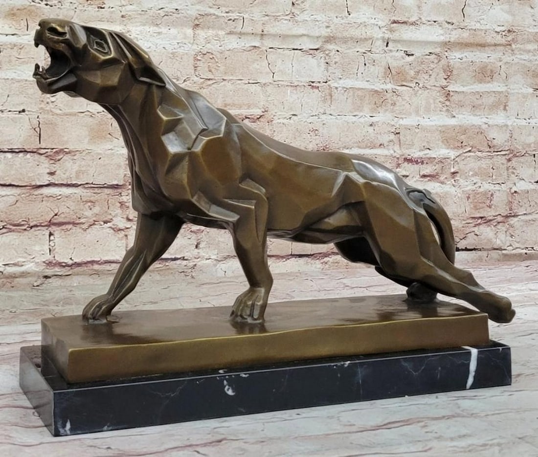 Abstract Roaring Jaguar Inspired Bronze Statue - 10.5" x 17": Abstract Roaring Jaguar Inspired Bronze Statue - 10.5" x 17" This striking bronze statue captures the essence of a roaring jaguar in an abstract form. The sculpture features elongated limbs