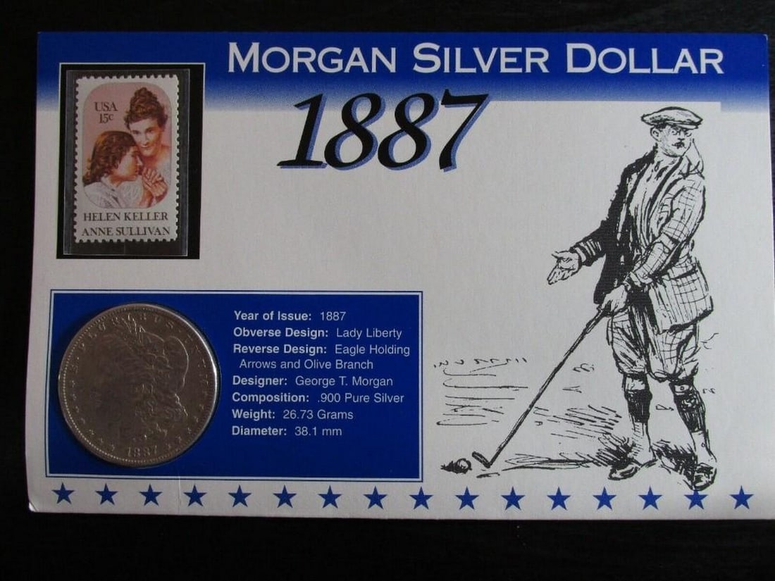 1887 MORGAN SILVER DOLLAR & STAMP HISTORICAL FACTS CARD: A 1887 Morgan Silver Dollar & Stamp Historical Facts Card. View Photos For Further Details.