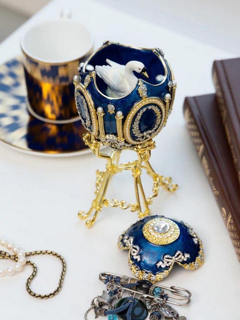 Sapphire Blue Inspired Faberge Egg With Swan Encased - 8