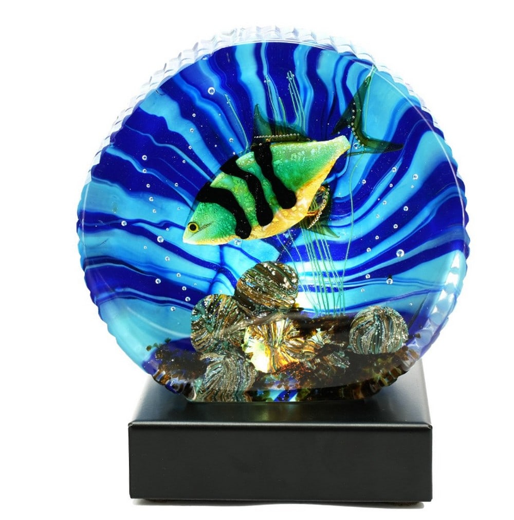 Fish Sculpture Sommerso with LED Lamp – Murano Glass: Fish Sculpture Sommerso with LED Lamp – Murano Glass This stunning Murano glass sculpture features a delicate green fish encapsulated in swirling blue and light blue patterns using the traditional