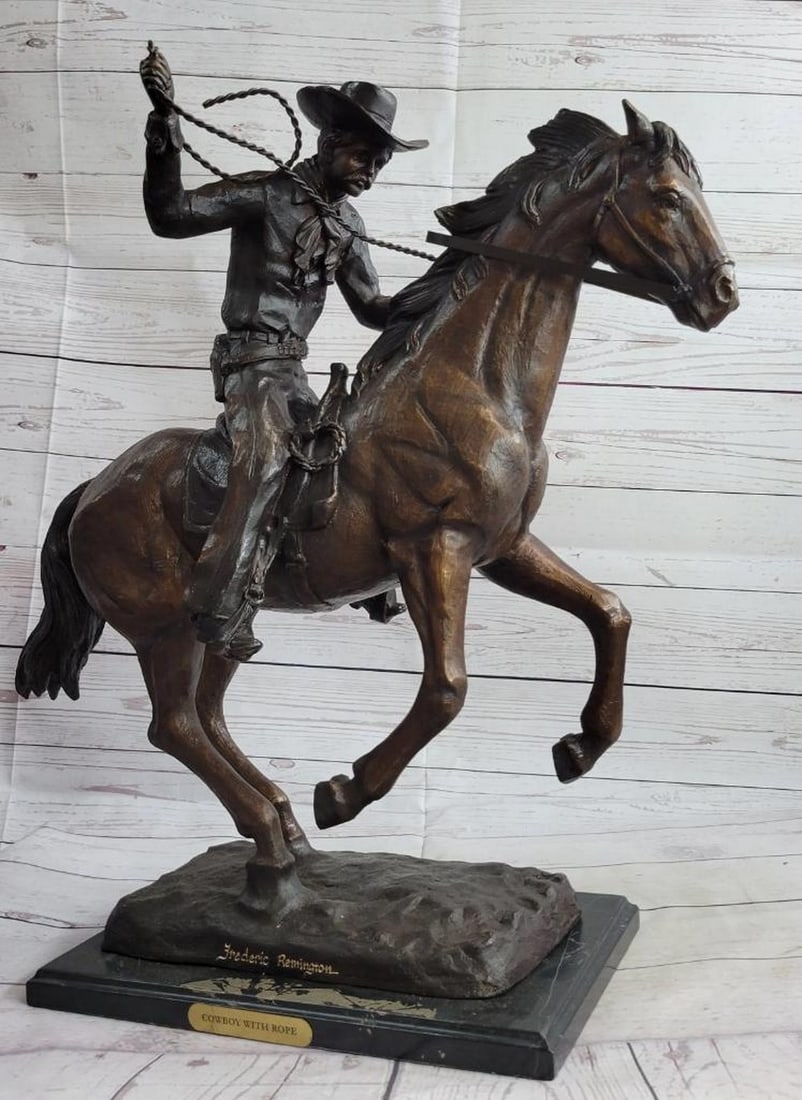 Signed Original Cowboy On Horseback With Rope Bronze Sculpture - 22" x 24": Signed Original Cowboy On Horseback With Rope Bronze Sculpture - 22" x 24" A seasoned cowboy is casually patrolling the area, when suddenly something catches his attention. He yanks on the re