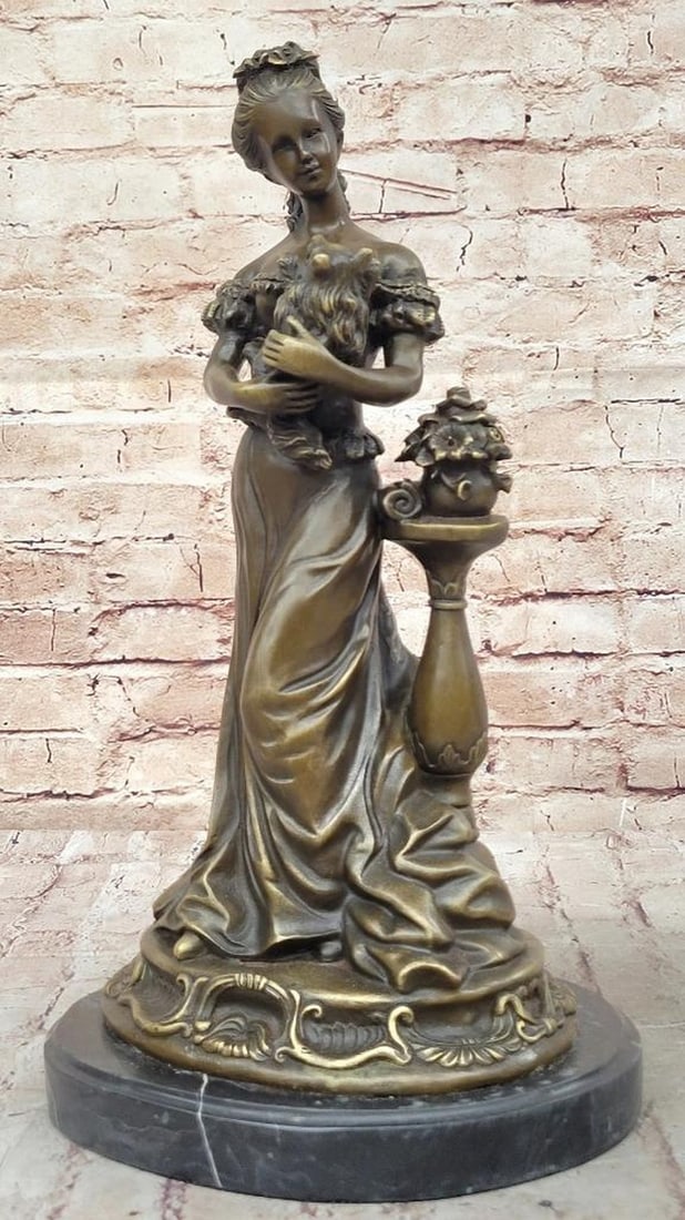 French Victorian Lady with Dog Bronze Sculpture by Miguel Lopez - 16" x 8.5": French Victorian Lady with Dog Bronze Sculpture by Miguel Lopez - 16" x 8.5" This charming bronze sculpture beautifully depicts a French Victorian-style lady tenderly holding her beloved dog,