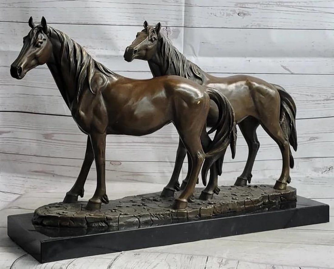 PJ Mene Inspired Equestrian Bronze Sculpture - Two Horses 'Mare and Foal' on Marble Base - 14" x 20": PJ Mene Inspired Equestrian Bronze Sculpture - Two Horses 'Mare and Foal' on Marble Base - 14" x 20" Embark on a journey to explore the everlasting allure of our "Mare & Foal&