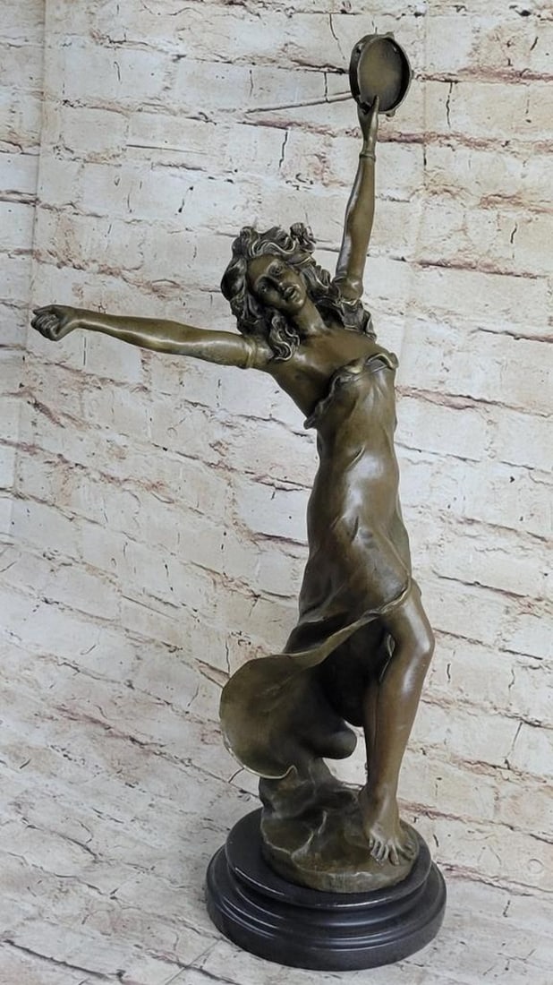 23" Tall "Tambourine Dancer" Girl Bronze Sculpture Statue On Marble Base - 15lbs: It`s difficult to say whether the fine sculpture or the sheer presence of this beautiful art nouveau dancer first entrances the eye! Pure fluidity, the lithe figure and flowing tresses of the made