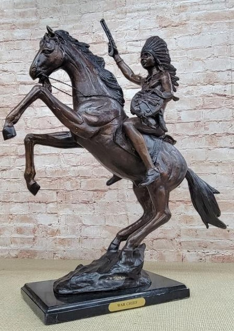 Native American War Chief Going to Battle Bronze Statue Signed by Thomas: Native American War Chief Going to Battle Bronze Statue Signed by Thomas. This is a very interesting sculpture of a Native American chief. He sits on his trusted horse and wanders the land, holding a