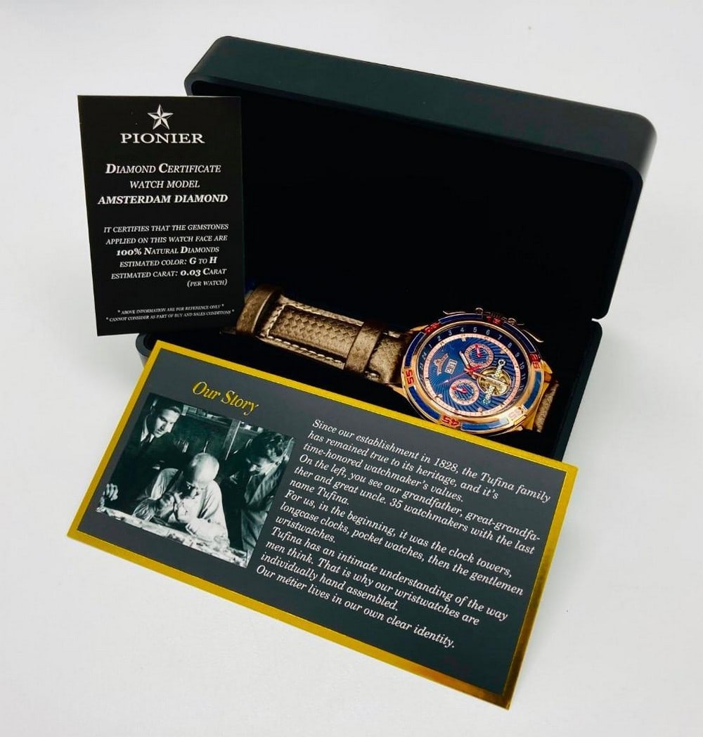 Authentic Pionier 35 Jewel Movement Diamond Inset Automatic Watch: Authentic Pionier 35 Jewel Movement Diamond Inset Automatic Watch A perfect fusion of classic and modern looks, this luxurious men's Amsterdam Pionier watch completes any collection. 50mm stainle