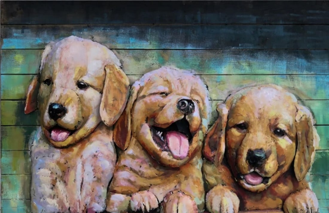 3 Golden Retriever Puppies Oil Painting on Metal Canvas: 3 Golden Retriever Puppies Oil Painting on Metal Canvas. 3D UNIQUE METAL ART - Each piece involves complex craftsmanship; cutting, modeling, welding, aging treatment, anti rust treatment, coloring an