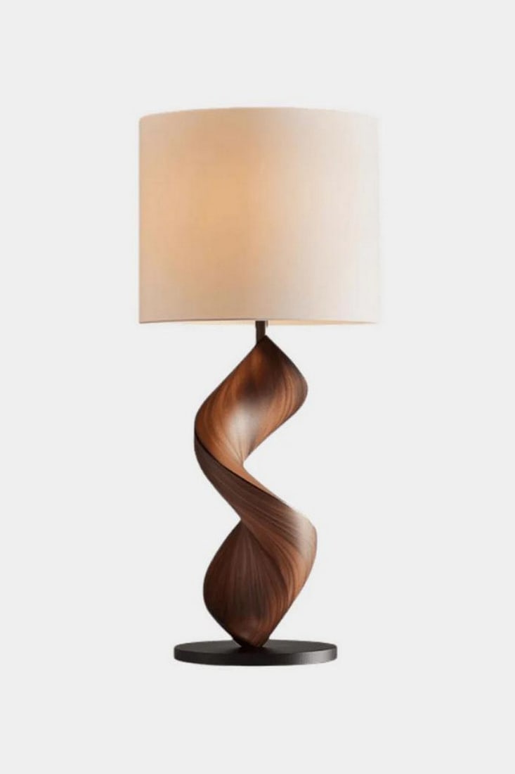 Contemporary Spiral Wood Table Lamp: Contemporary Spiral Wood Table Lamp Dynamic and refined, this handcrafted table lamp features a sculptural wooden base carved into a twisting spiral—evoking movement, tension, and organic grace. Res
