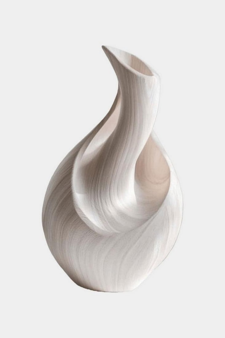 “Whispering Curve?? – Contemporary Wooden Vase: “Whispering Curve” – Contemporary Wooden Vase Gracefully sculpted with a fluid, upward sweep, this vase captures the beauty of motion in solid form. Its softly twisting silhouette reveals a