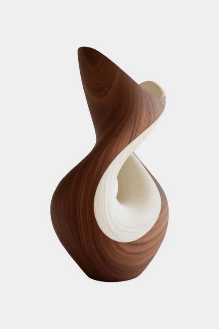 “Twisted Flow?? – Contemporary Wooden Vase: “Twisted Flow” – Contemporary Wooden Vase A sculptural expression of movement and balance, this vase features a gracefully twisting silhouette that folds inward to reveal a smooth, light-ton