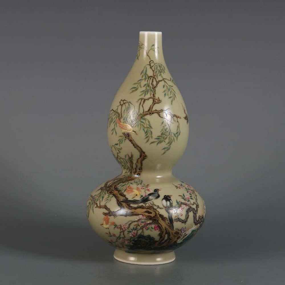 Qing Yongzheng Year Beige Glaze Famille Rose Flower and Bird Poem Gourd Bottle (1 of 8)