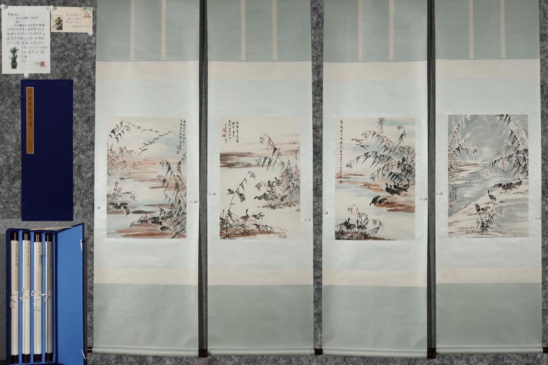 Wu Qingxia “Wild Goose?? Painting Scrolls Set: Wu Qingxia “Wild Goose” Painting Scrolls Set A beautifully executed set of painting scrolls by the renowned artist Wu Qingxia, depicting wild geese in graceful flight and serene landscapes. Th