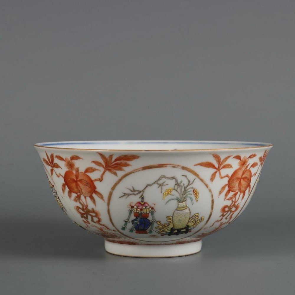 Qing Dynasty Daoguang Famille Rose Gilded Grain Harvest Inner Blue and White Flowers Bowl: Qing Dynasty Daoguang Famille Rose Gilded Grain Harvest Inner Blue and White Flowers Bowl A finely crafted porcelain bowl from the Daoguang period of the Qing Dynasty, decorated in vibrant famille ros