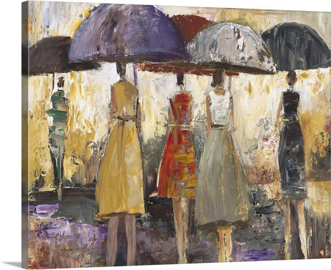 Spring Showers Canvas Print Reproduction – 24" × 20": Spring Showers Canvas Print Reproduction – 24" × 20" Painted by Marc Taylor, this contemporary artwork depicts people walking with umbrellas through the rain. The piece captures the movem