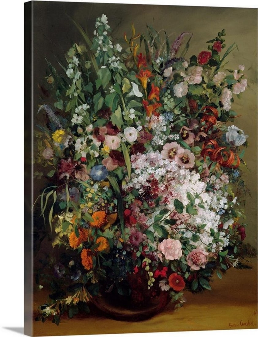 Bouquet of Flowers in a Vase, 1862 Wall Art Canvas Reproduction by Gustave Courbet – 18" x 24": Bouquet of Flowers in a Vase, 1862 Wall Art Canvas Reproduction by Gustave Courbet – 18" x 24" Gustave Courbet (1819–1877) was a French painter and a leading figure of the 19th-century Rea