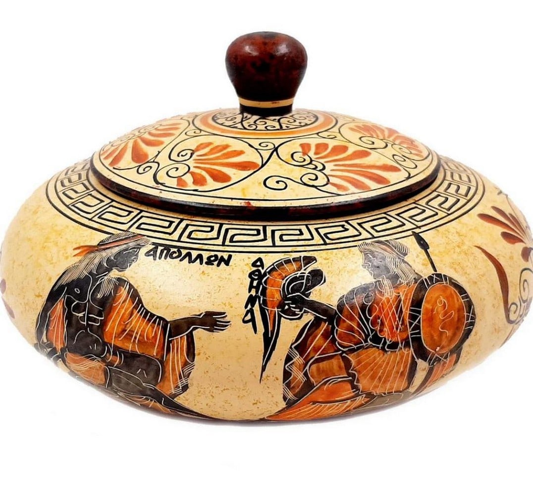 Apollo and Artemis Replica Ceramic Pyxis Lidded Box, Classical Greek Style: Apollo and Artemis Replica Ceramic Pyxis Lidded Box, Classical Greek Style Enhance your decor with a ceramic pyxis (lidded box for cosmetics or jewelry) rooted in archaeological tradition and reflect