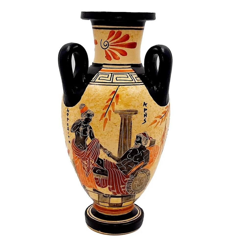 Ares and Aphrodite Amphora Replica with Dancing Girl and Flute Player, Classical Greek Style: Ares and Aphrodite Amphora Replica with Dancing Girl and Flute Player, Classical Greek Style Enhance your decor with an amphora replica inspired by ancient traditions, a tall jar form historically use
