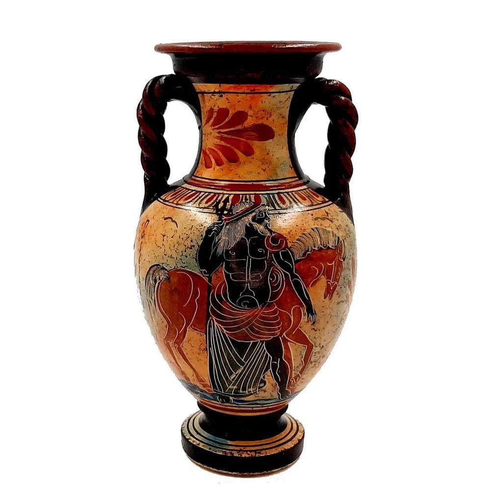 Poseidon and Athena Multicolor Amphora Replica, Classical Greek Style: Poseidon and Athena Multicolor Amphora Replica, Classical Greek Style Enhance your decor with an amphora replica, a tall storage and transport jar traditionally used for oil, wine, or grain, featuring