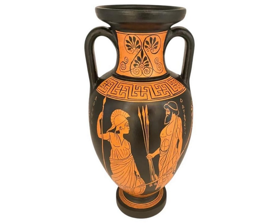 Ancient Greek Red-Figure Amphora – Athena, Odysseus, and Centaur Replica: Ancient Greek Red-Figure Amphora – Athena, Odysseus, and Centaur replica This 31 cm Greek amphora reproduction is crafted in the red-figure technique, where the background is painted black and the f