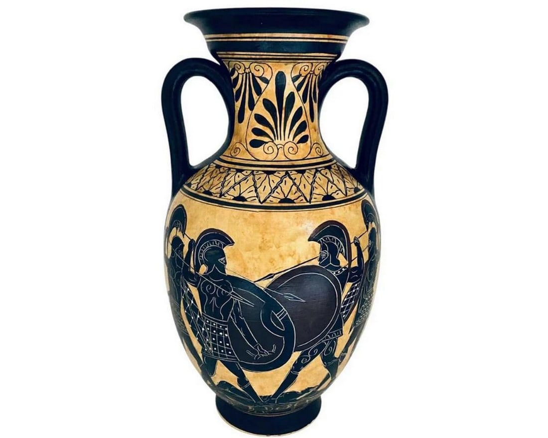 Black Figure Pottery Amphora – Iliad Battle Scene Over Patroclus’ Body Replica: Black Figure Pottery Amphora – Iliad Battle Scene Over Patroclus’ Body Replica This reproduction amphora showcases the artistry of ancient Greek black-figure pottery, a style where figures were pa