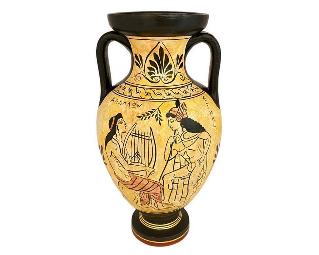 Attic White Pottery Amphora – God Apollo with Hermes and God Dionysus Replica: Attic White Pottery Amphora – God Apollo with Hermes and God Dionysus Replica This reproduction amphora is painted in the Attic White Ground style, which emerged in Athens around the 5th century BCE