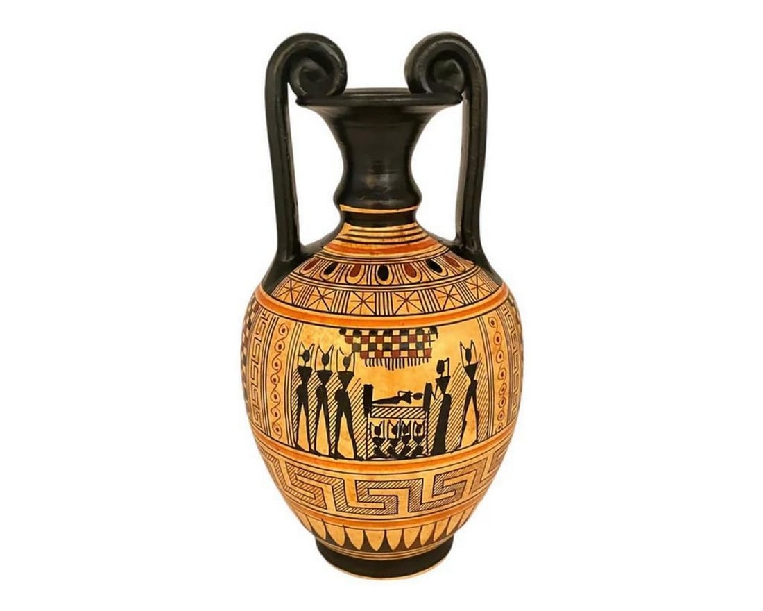 Geometric Vase – Ancient Greek Pottery Amphora Replica: Geometric Vase – Ancient Greek Pottery Amphora Replica This reproduction amphora is painted in the Geometric style, a defining artistic period in ancient Greece between 900–700 BCE. Amphorae were