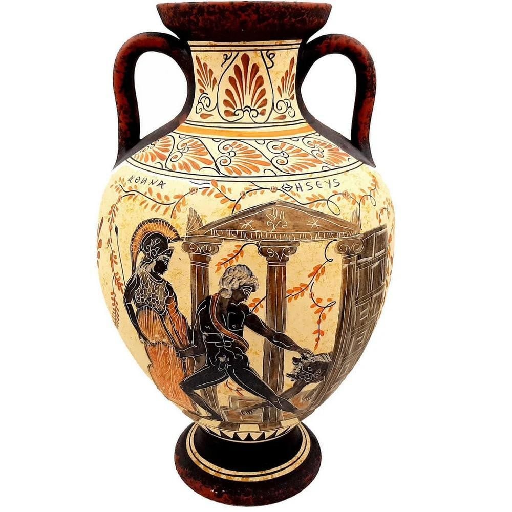 Greek Amphora – Theseus and the Minotaur, Achilles and Eudoros Reproduction: Greek Amphora – Theseus and the Minotaur, Achilles and Eudoros Reproduction This 36 cm Ancient Greek amphora reproduction from the Archaic Period (6th century B.C.) was used for storing wine and oli