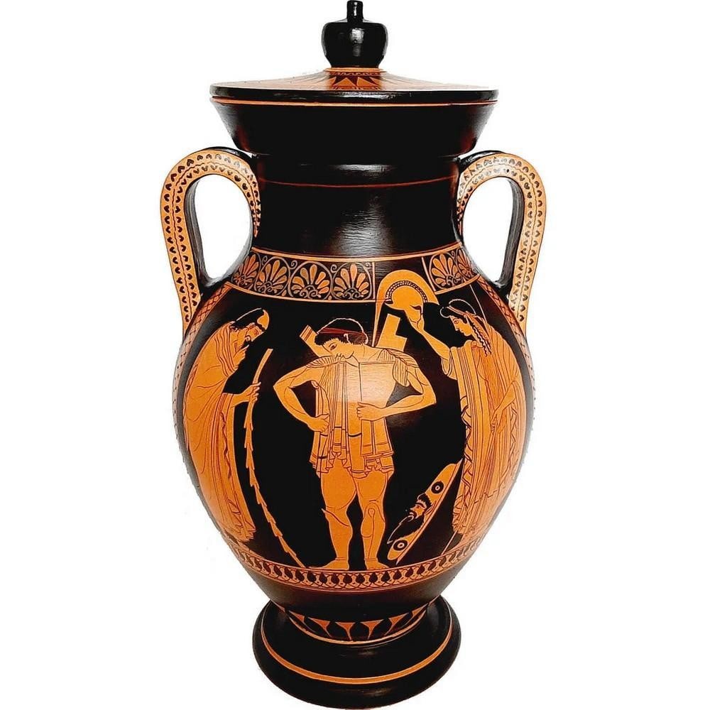 Red-Figure Greek Vase Replicas – 45?cm, Arming of Hector, Priam and Hecuba Replica: Red-Figure Greek Vase Replicas – 45?cm, Arming of Hector, Priam and Hecuba Replica Enhance your decor with a museum replica Amphora, 46?cm, featuring Red-Figure pottery from Ancient Greece, painted