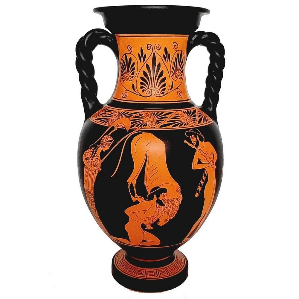Red-Figure Greek Vase, Heracles with Lion, God Hermes with Goddess Artemis Replica: Red-Figure Greek Vase, Heracles with Lion, God Hermes with Goddess Artemis Replica Enhance your decor with an Ancient Greek Red-Figure Amphora reproduction. Amphorae were traditionally used for storin