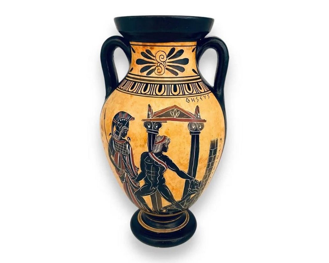 Theseus and the Minotaur, Athena with Enceladus – Greek Amphora, Black Figure Pottery Replica: Theseus and the Minotaur, Athena with Enceladus – Greek Amphora, Black Figure Pottery Replica This reproduction of an Ancient Greek amphora showcases mythological performances in the black-figure po
