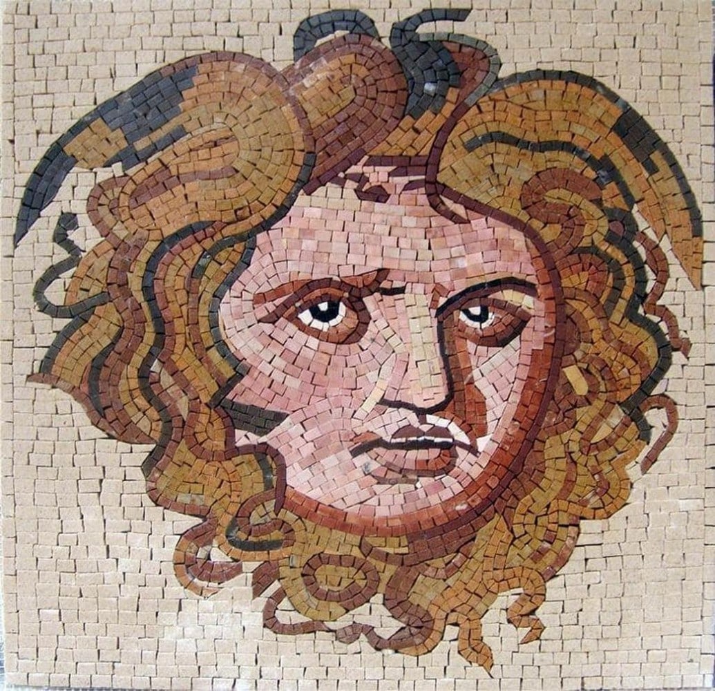 Greek Mosaic: Mithras Greek Mosaic A handcrafted reproduction of an ancient Greek mosaic depicting the deity Mithras. Made from natural marble stones, this piece highlights intricate details and textures, bringing