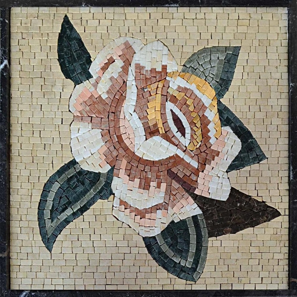 Accent Mosaic Artwork Rosie: Accent Mosaic Artwork Rosie A handcrafted mosaic featuring a rose-shaped flower set against a soft pastel background. Each stone tile is carefully arranged to create a delicate floral design that