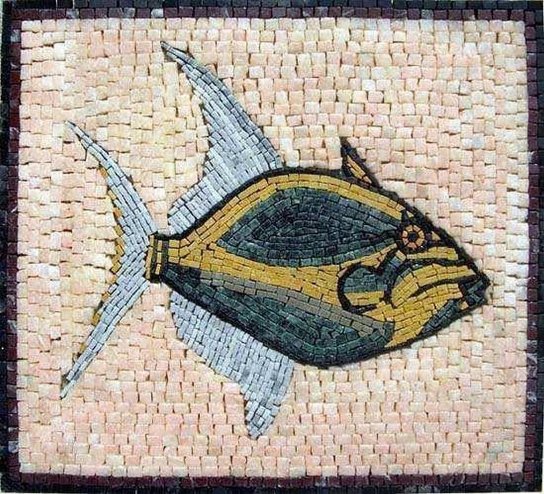 Exotic Fish Mosaic Wall Art: Exotic Fish Mosaic Wall Art A handcrafted marble mosaic featuring a detailed depiction of an exotic fish in natural tones. Made from hand-cut natural stones, this piece emphasizes the textures and col