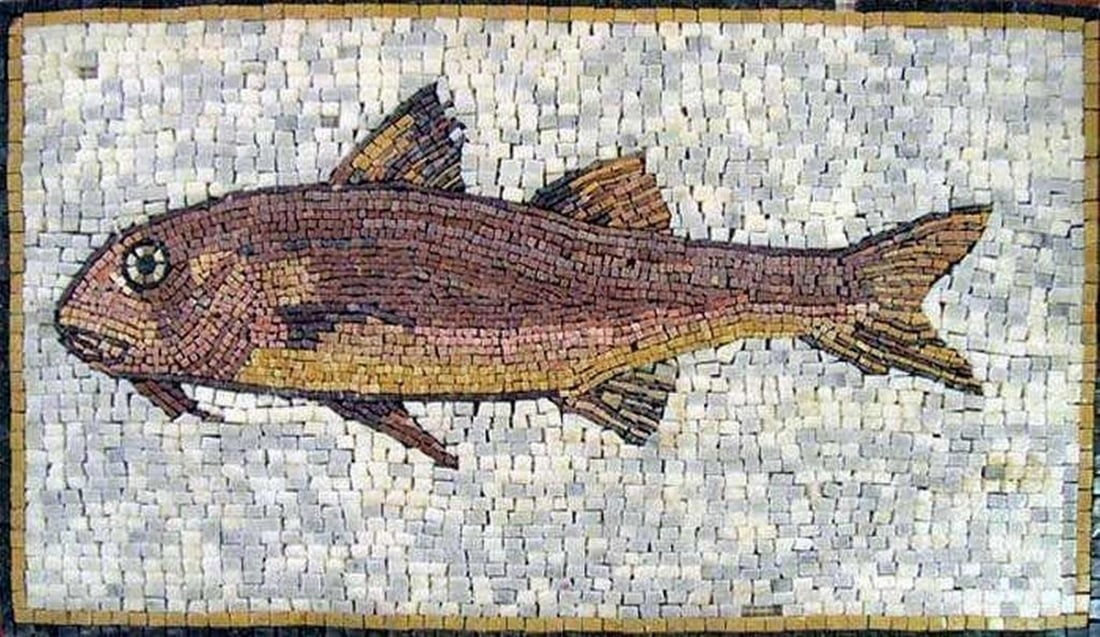 Ocean Harmony Fish Mosaic Wall Art: Ocean Harmony Fish Mosaic Wall Art A handcrafted marble mosaic depicting a stylized fish in warm brown tones with yellow accents on the tail. Made from natural stones, this piece highlights the textur