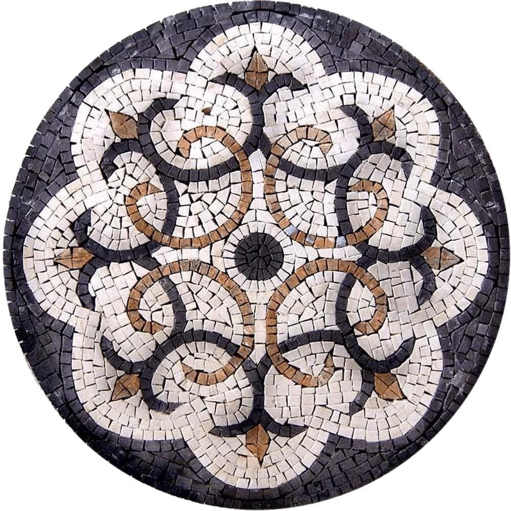 Stone Art Medallion – Katana Mosaic: Stone Art Medallion – Katana Mosaic A square marble mosaic featuring an Arabesque floral design in charcoal and gold tones. The mosaic is handcrafted from natural stone, so colors may vary slightly
