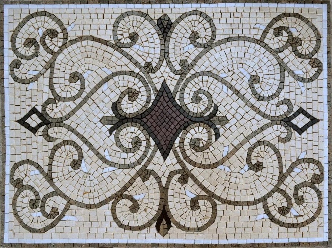Vilmar Rectangular Mosaic Tile Design: Vilmar Rectangular Mosaic Tile Design A handcrafted mosaic made from natural stone, featuring a rectangular rug-inspired design with carefully arranged tiles. The piece showcases detailed patterns