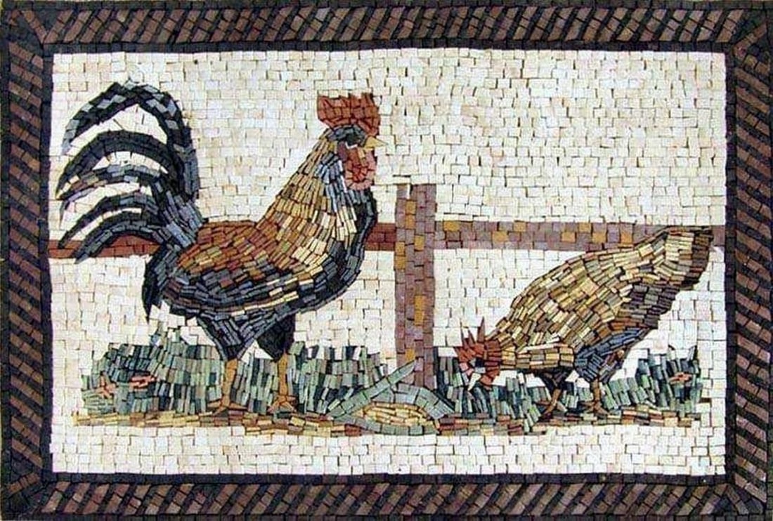 Lordly Rooster Mosaic Kitchen Backsplash: Lordly Rooster Mosaic Kitchen Backsplash A handcrafted mosaic made from natural stone, featuring a detailed rooster design. The piece showcases carefully arranged tiles that create a textured and