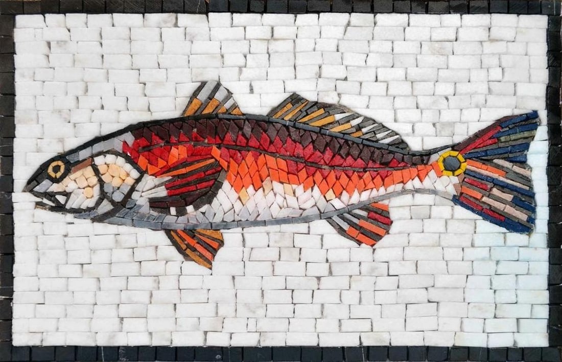 Rosso Jumping Mullet Mosaic: Rosso Jumping Mullet Mosaic A handcrafted mosaic artwork made from natural stone. The design features a jumping mullet fish in vibrant red tones, created with carefully cut and arranged stone tiles. T