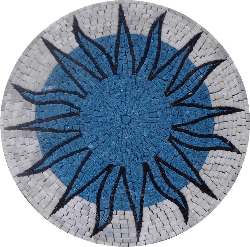 Sunburst Rondure Mosaic: Sunburst Rondure Mosaic A handcrafted mosaic artwork made from natural stone. The design features a sun motif with freestyle rays in black, a peacock blue center, and a white marble border. Hand-cut t