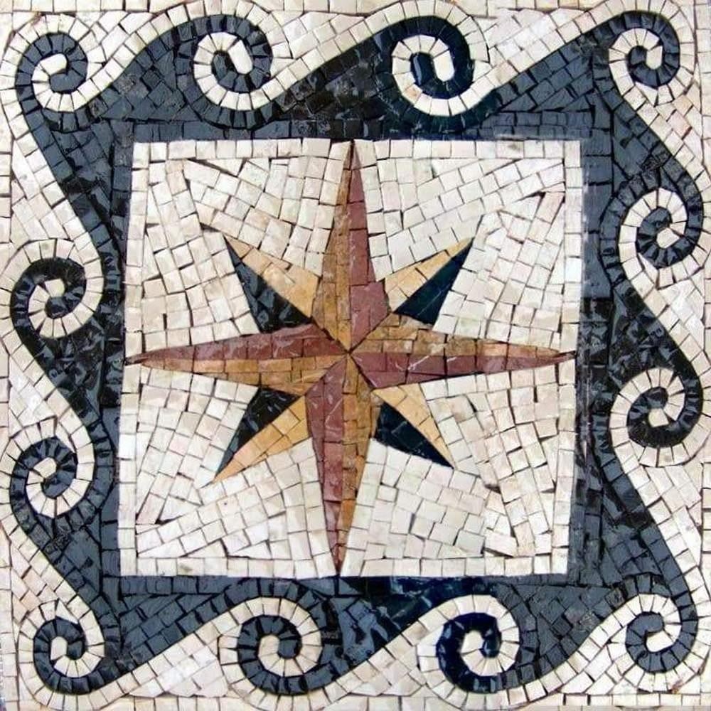 Navigators’ Compass Mosaic: Navigators’ Compass Mosaic A handcrafted mosaic artwork made from natural stone. The design features a compass motif with detailed stone arrangements, symbolizing direction and navigation. Created w