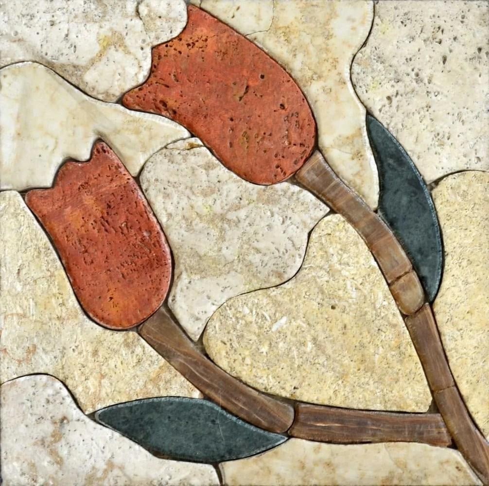 Mosaic Tile Art - Two Tulips: Mosaic Tile Art - Two Tulips A handcrafted mosaic artwork made from natural stone. The design features two red tulips contrasted against an earthy background, created by carefully cutting and