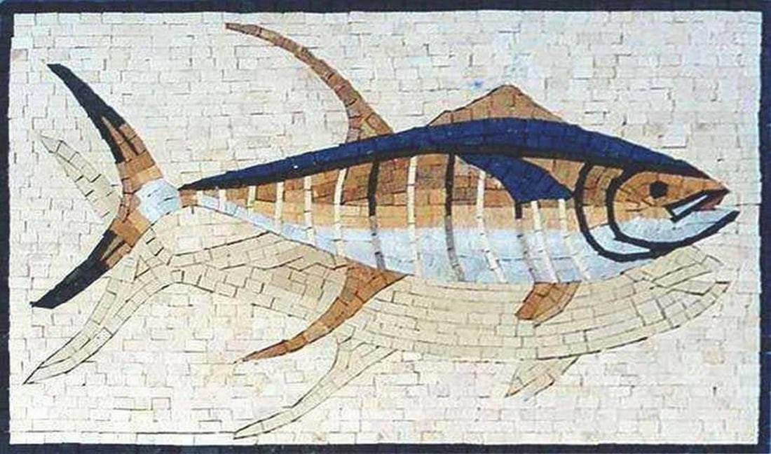 Fish Shadow Mosaic: Fish Shadow Mosaic A handcrafted mosaic made from natural stone, featuring a fish motif with an intricate trail suggesting movement through water. Each tile is carefully arranged, creating a textured