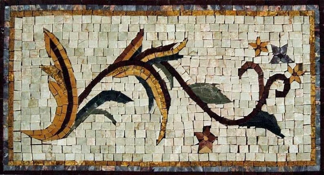Floral Insert Mosaic: Floral Insert Mosaic A handcrafted mosaic design made from natural stone. The piece features a floral motif created by carefully cutting and arranging individual stone tiles, resulting in a detailed