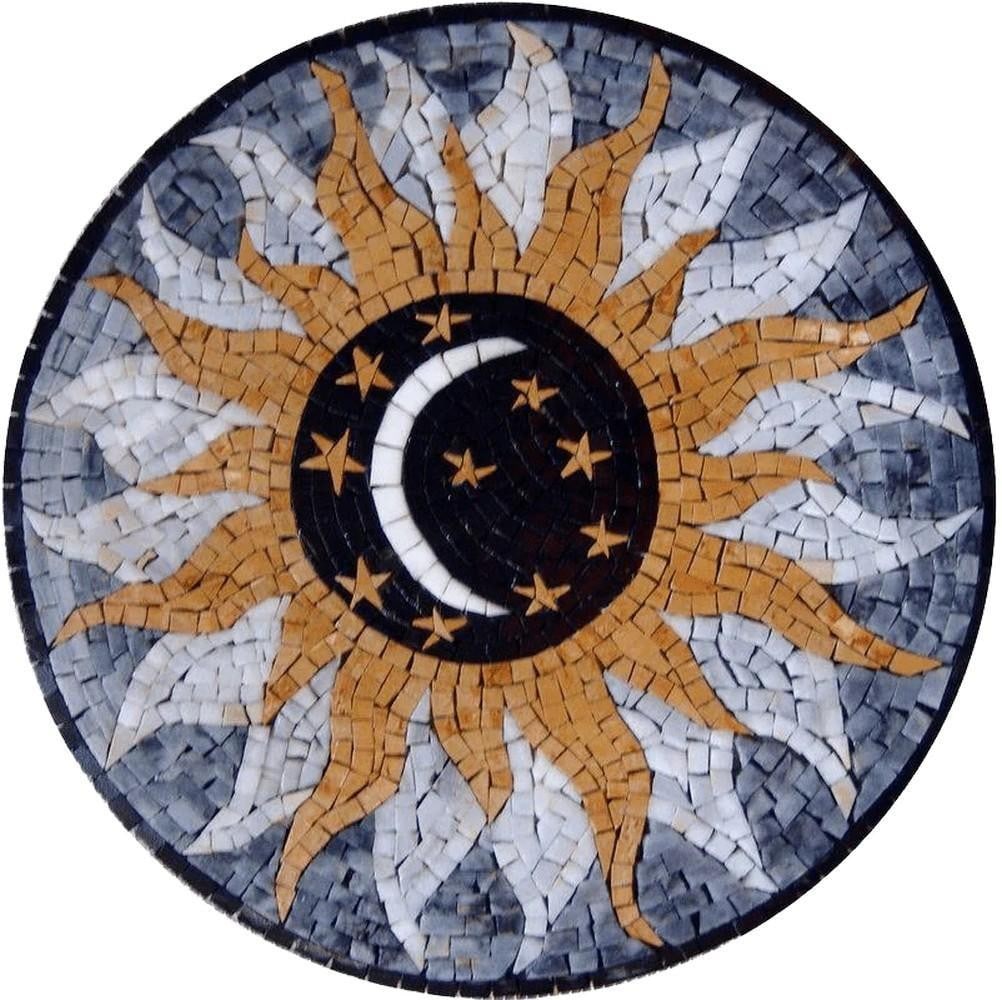 Waning Crescent Moon Mosaic Medallion: Waning Crescent Moon Mosaic Medallion A handcrafted mosaic design made from natural stone. The piece features a crescent moon motif created by carefully cutting and arranging individual stone tiles,