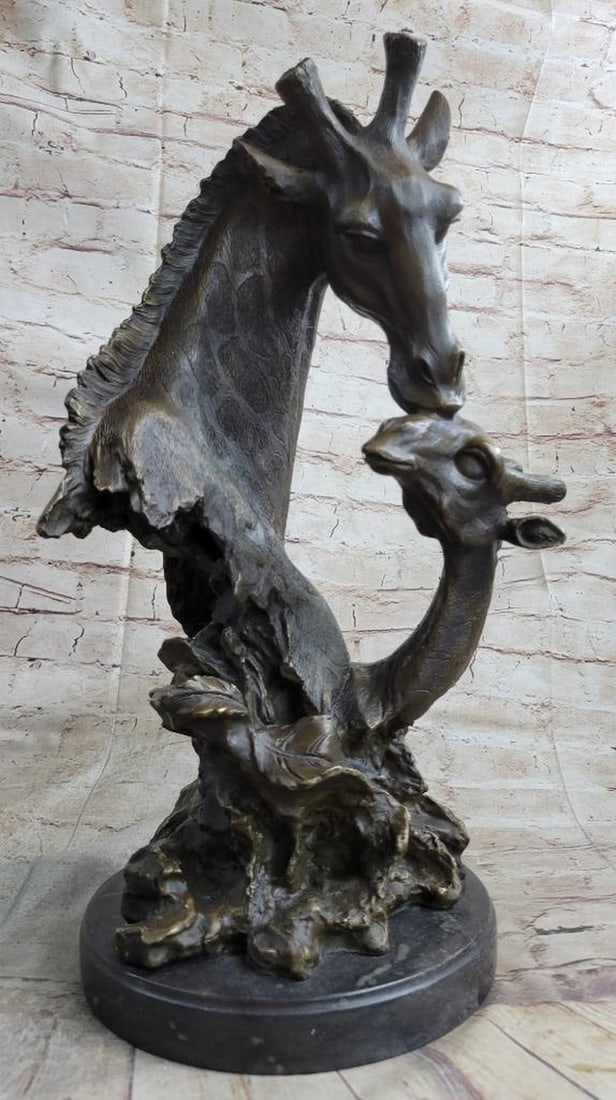 Authentic Mother & Baby Giraffe Bronze Bust Sculpture On Marble Base - 25lbs: Originating from the African continent, the giraffe is the tallest of all land-living animal species. Their scientific name is Giraffa camelopardalis, which is similar to its antiquated English name o