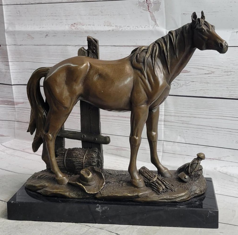 Original Horse At The Stable Bronze Sculpture On A Marble Base - 12" x 12": Original Horse At The Stable Bronze Sculpture On A Marble Base - 12" x 12" Miguel Lopez sculpture depict of a strong Stallion, The figure of horse standing against rail fence,is one of his mo