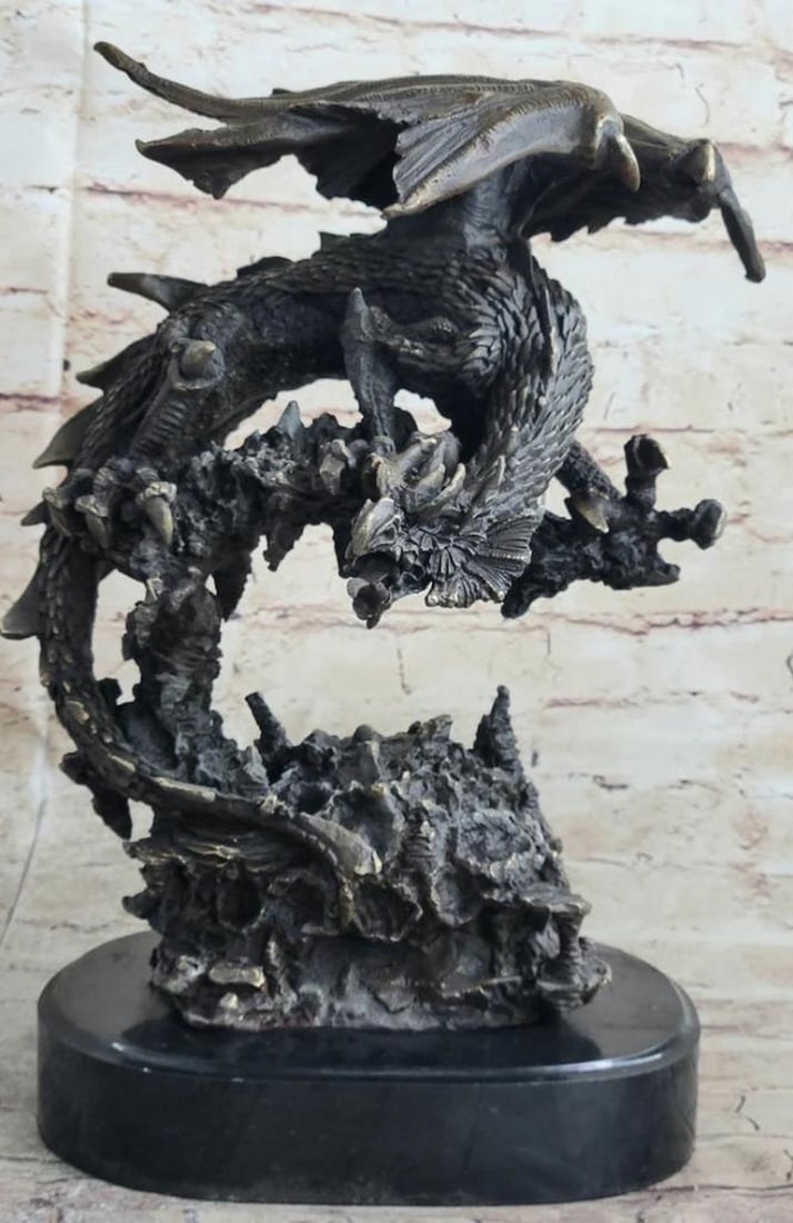 Signed Original Mythical Flying Dragon Bronze Sculpture - 13" x 11": Signed Original Mythical Flying Dragon Bronze Sculpture - 13" x 11" This dragon is a beast of mythical proportions. One can see the strength in its wings and claws. Her body is covered in pro