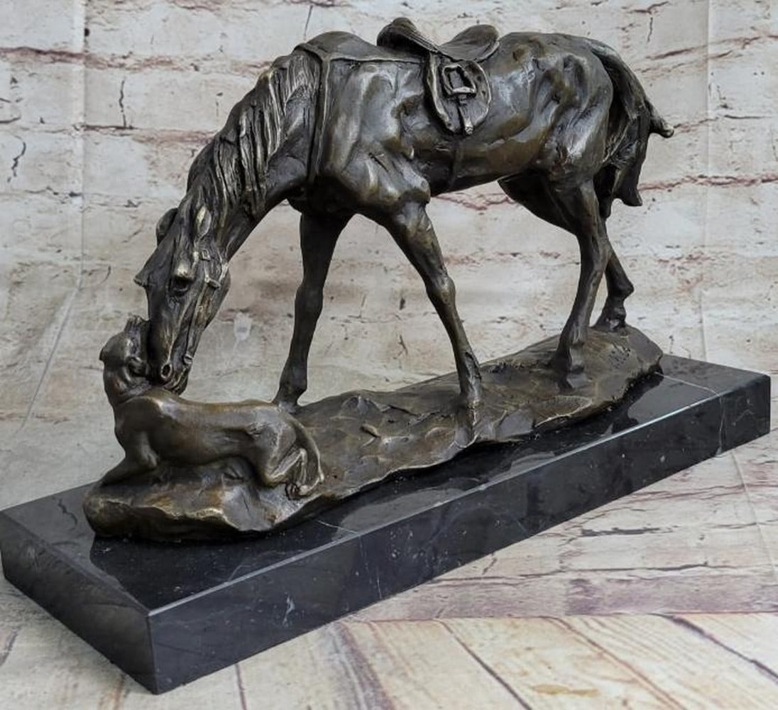 Dog And Horse Friendship Bronze Sculpture: Dog And Horse Friendship Bronze Sculpture This bronze sculpture captures a typical day seen on ranch or farm. We witness the beginning of a friendship, that forgets the borders of species