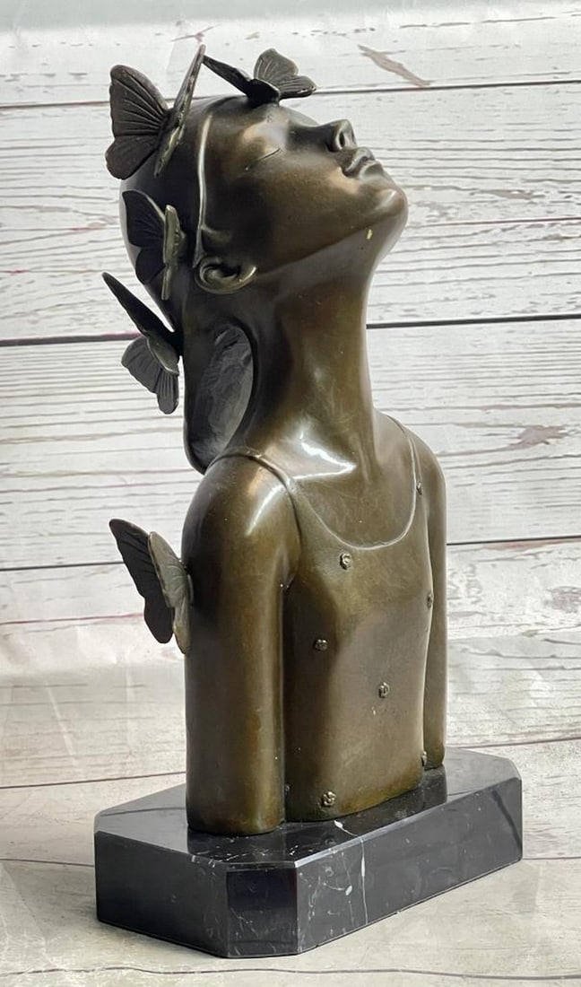 Collet's 'Butterfly Girl Bust' Abstract Original Bronze Sculpture - 11.5" x 6": Collet's 'Butterfly Girl Bust' Abstract Original Bronze Sculpture - 11.5" x 6" Immerse yourself in the captivating world of abstract modern art with this exquisite bronze sculptur