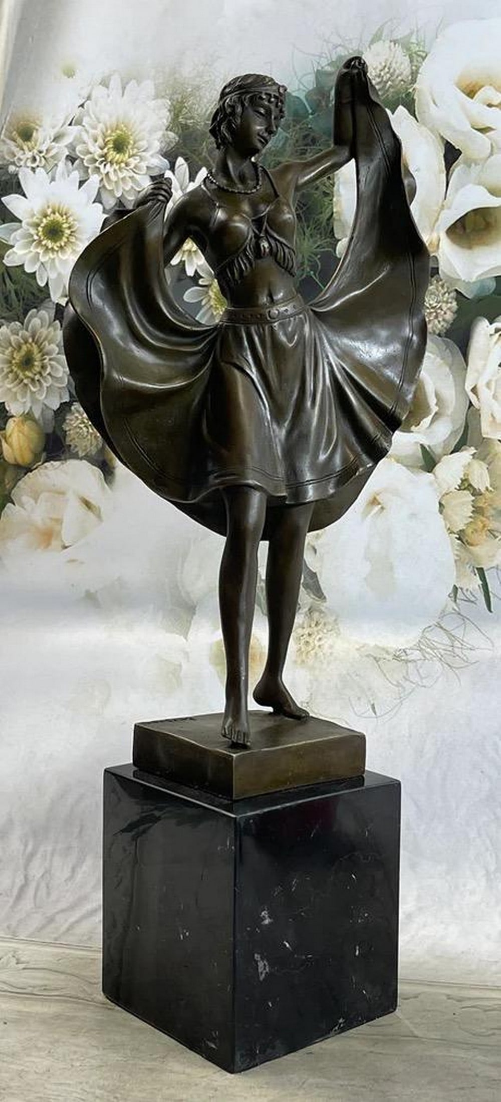 Art Deco Skirt Dancer Inspired Bronze Statue - 18" x 8": Art Deco Skirt Dancer Inspired Bronze Statue - 18" x 8" Through the esteemed Lost Wax Method, Bergman skillfully captures the beauty and grace of a dancer lifting her skirt. The sculpture, s